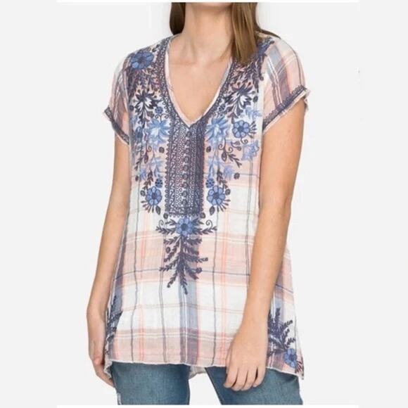 Johnny Was Lila Jo Drape Peach Pink Plaid Blue Embroidery Hi Low Tunic Top - Picture 1 of 14